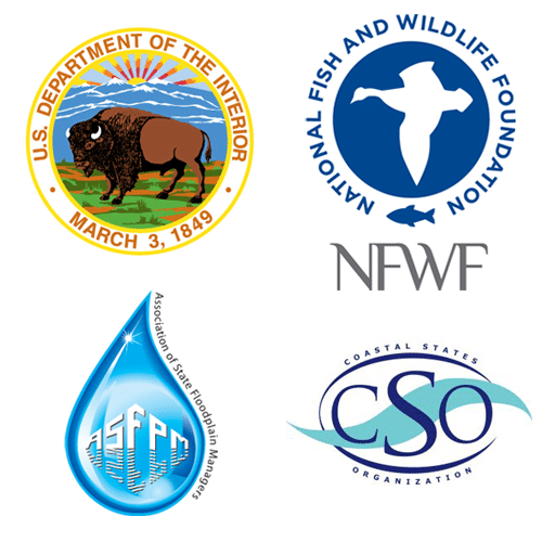 Logos for the US Department of Interior, the Nation Fish and Wildlife Foundation, the Association of State Floodplain Managers, and the Coastal States Organization.