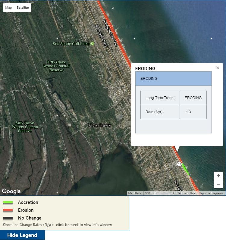 Screenshot of the North Carolina Oceanfront Erosion & Accretion Rates Map. Image courtesy of the North Carolina Department of Environmental Quality.